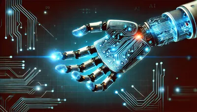 Futuristic Robotic Hand Interacting With Digital Circuitry