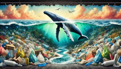 Humpback Whale Swimming Through Ocean Plastic Pollution