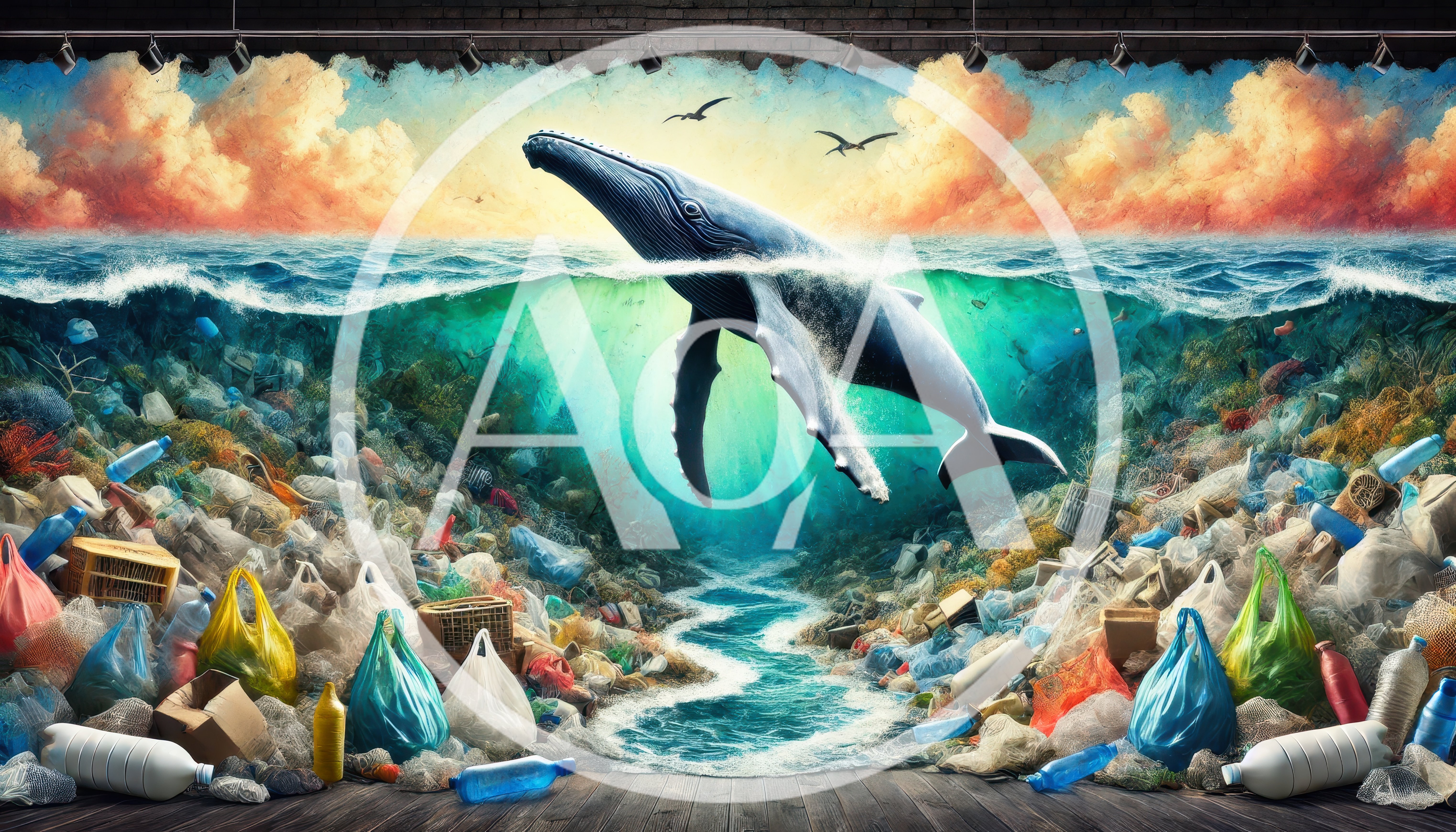Humpback Whale Swimming Through Ocean Plastic Pollution