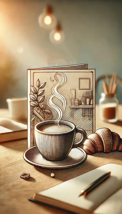 Sketch Style Coffee Cup With Croissant On Wooden Table