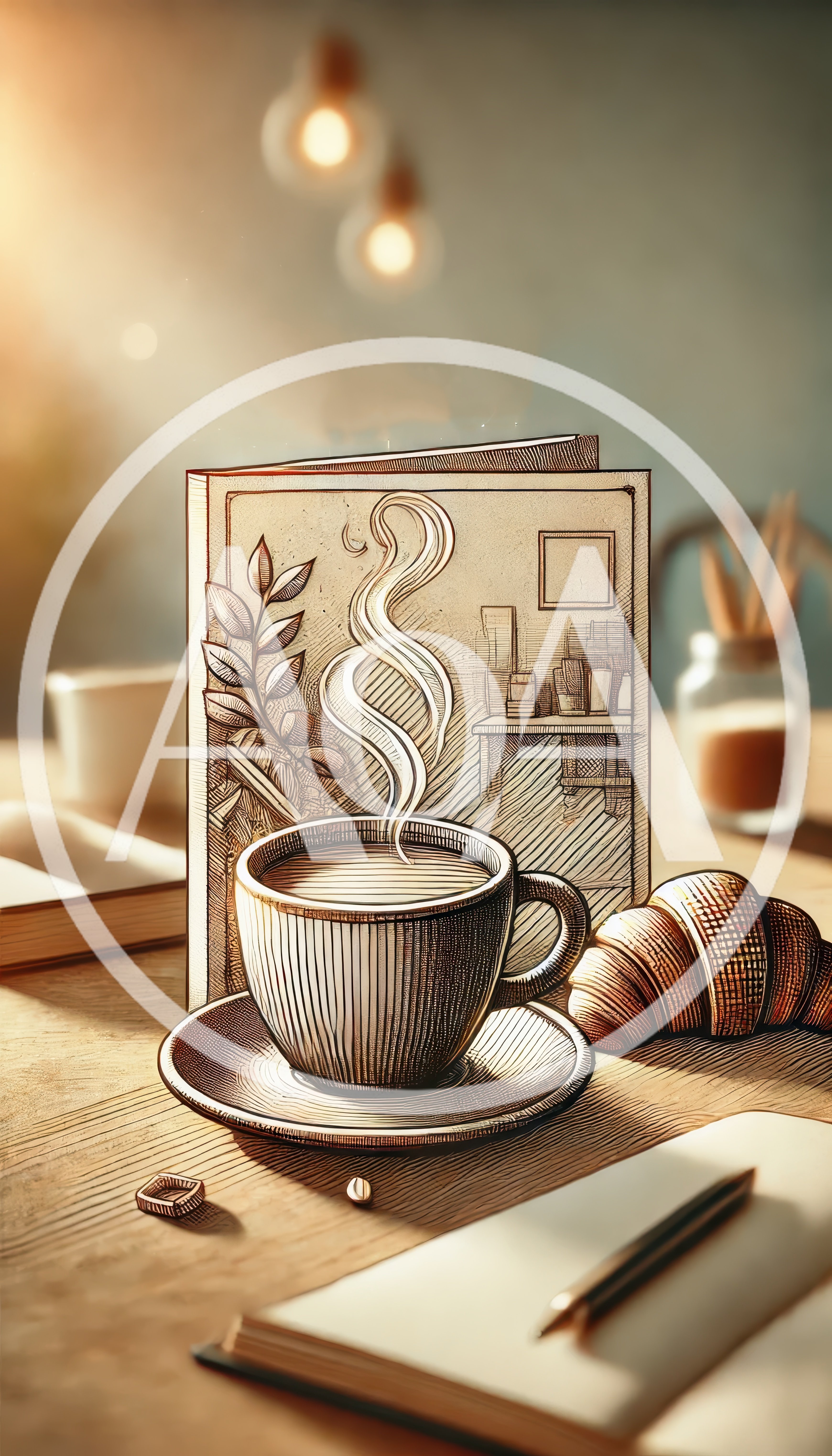 Sketch Style Coffee Cup With Croissant On Wooden Table