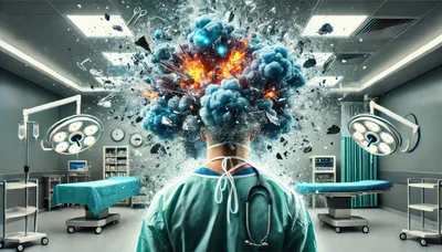 Surgeon With Exploding Mind Concept In Operating Room