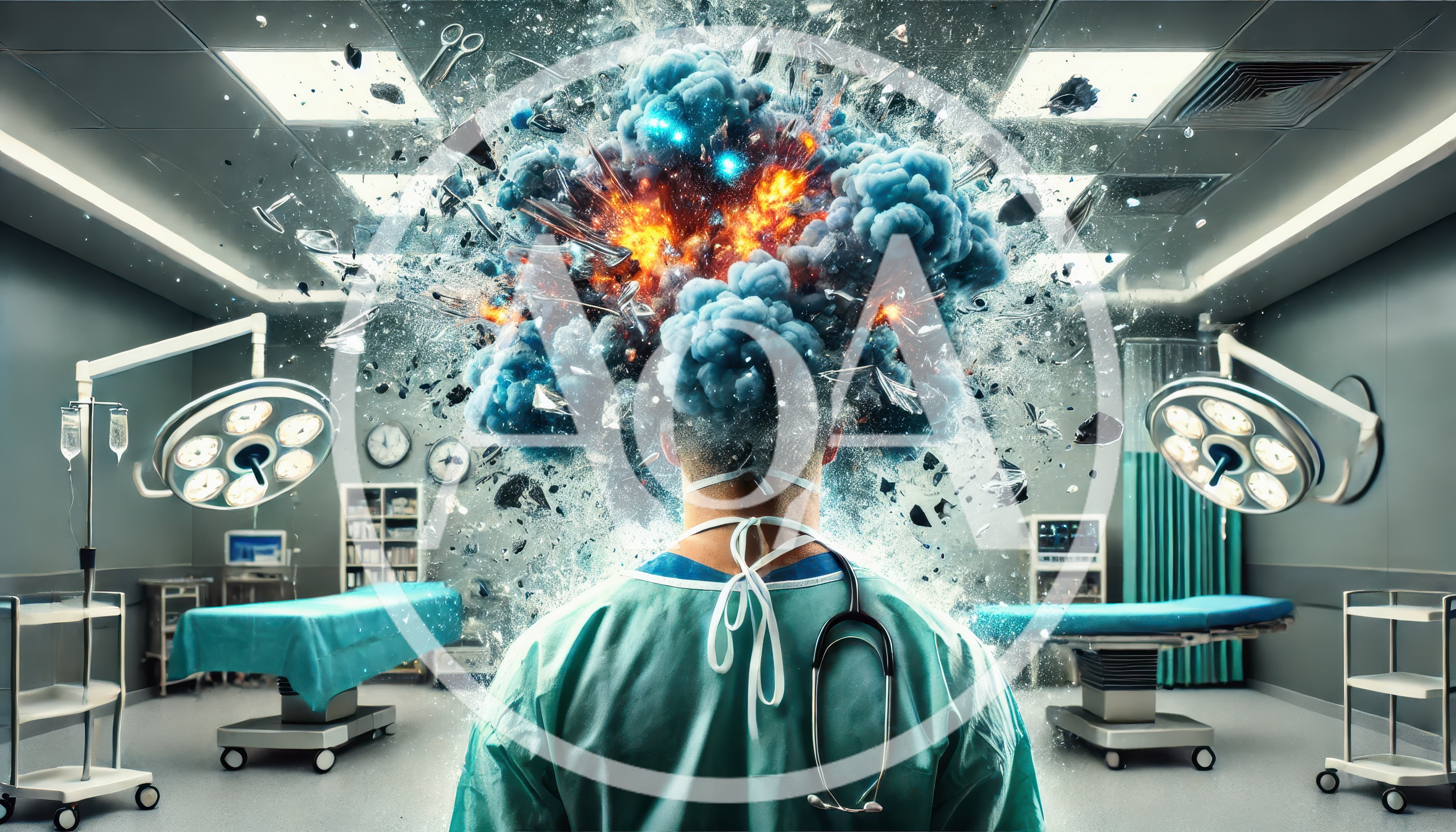 Surgeon With Exploding Mind Concept In Operating Room