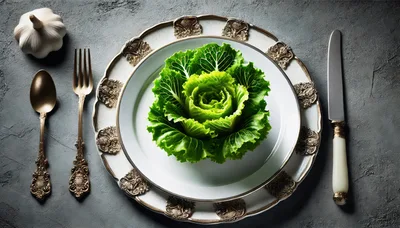 Fresh Green Lettuce Head on Ornate Dinner Plate