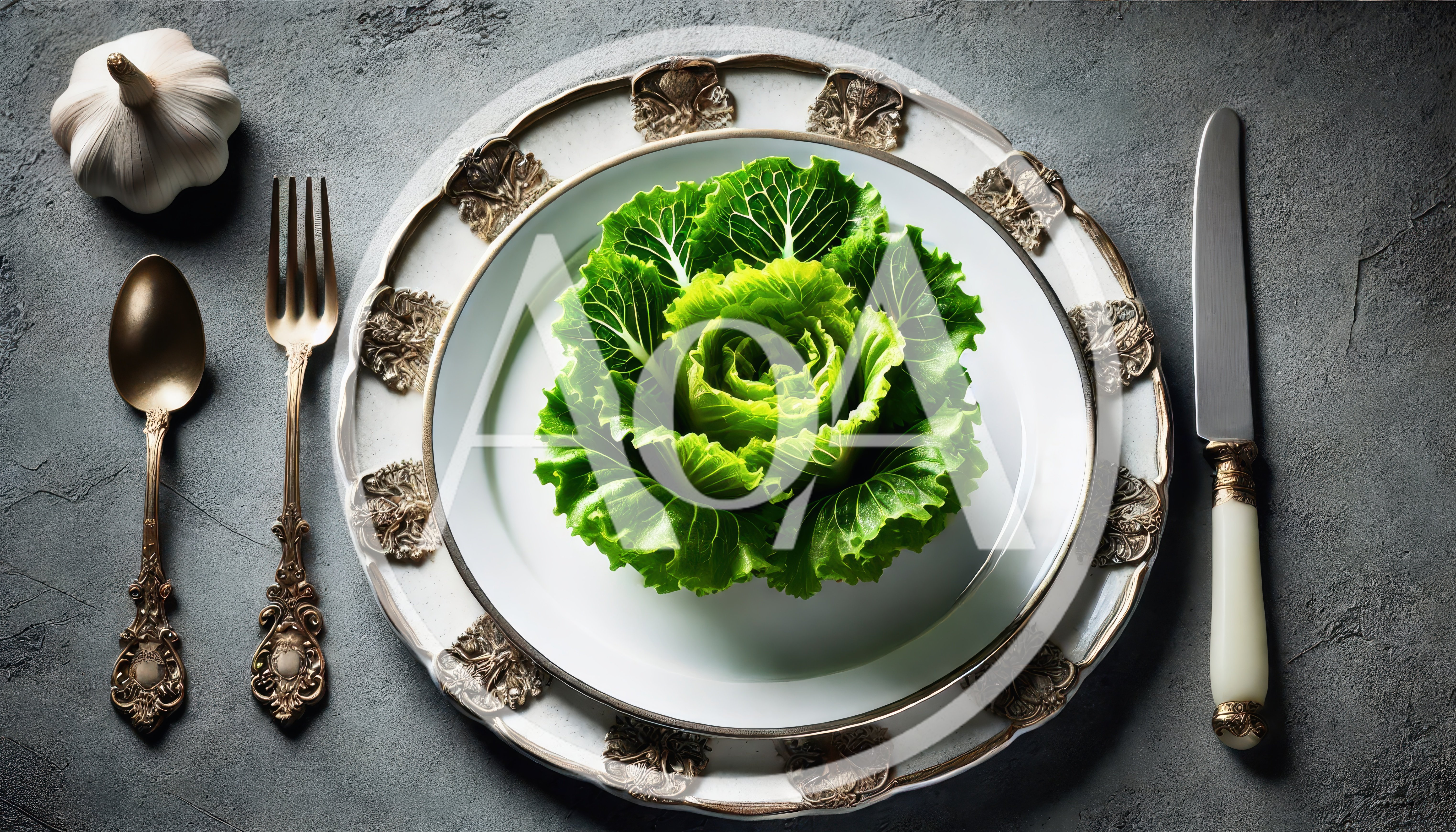 Fresh Green Lettuce Head on Ornate Dinner Plate