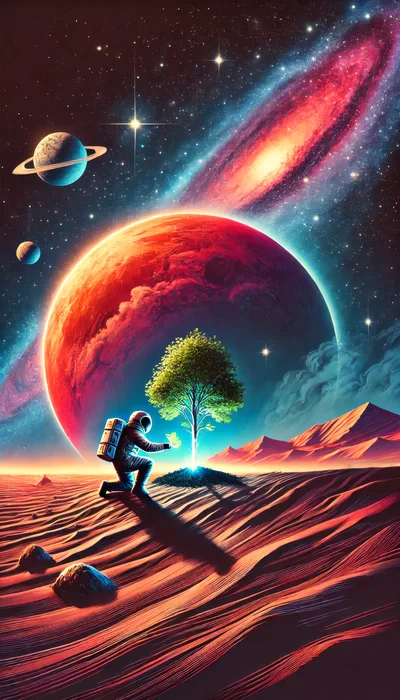 Astronaut Planting A Glowing Tree On A Red Planet
