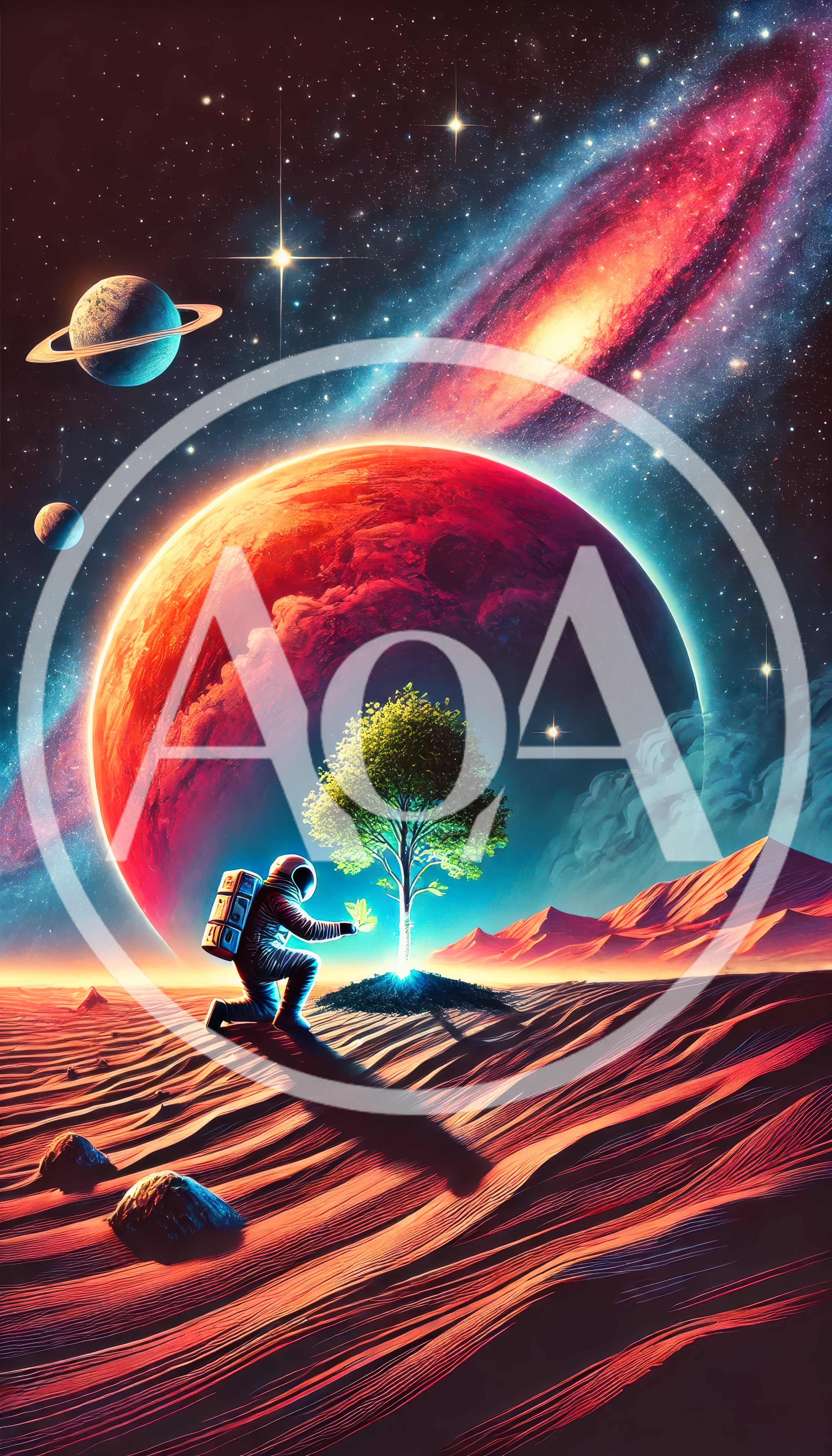 Astronaut Planting A Glowing Tree On A Red Planet