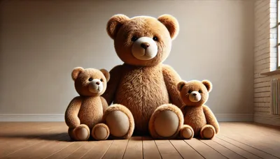 Three Brown Teddy Bears Sitting On Wooden Floor