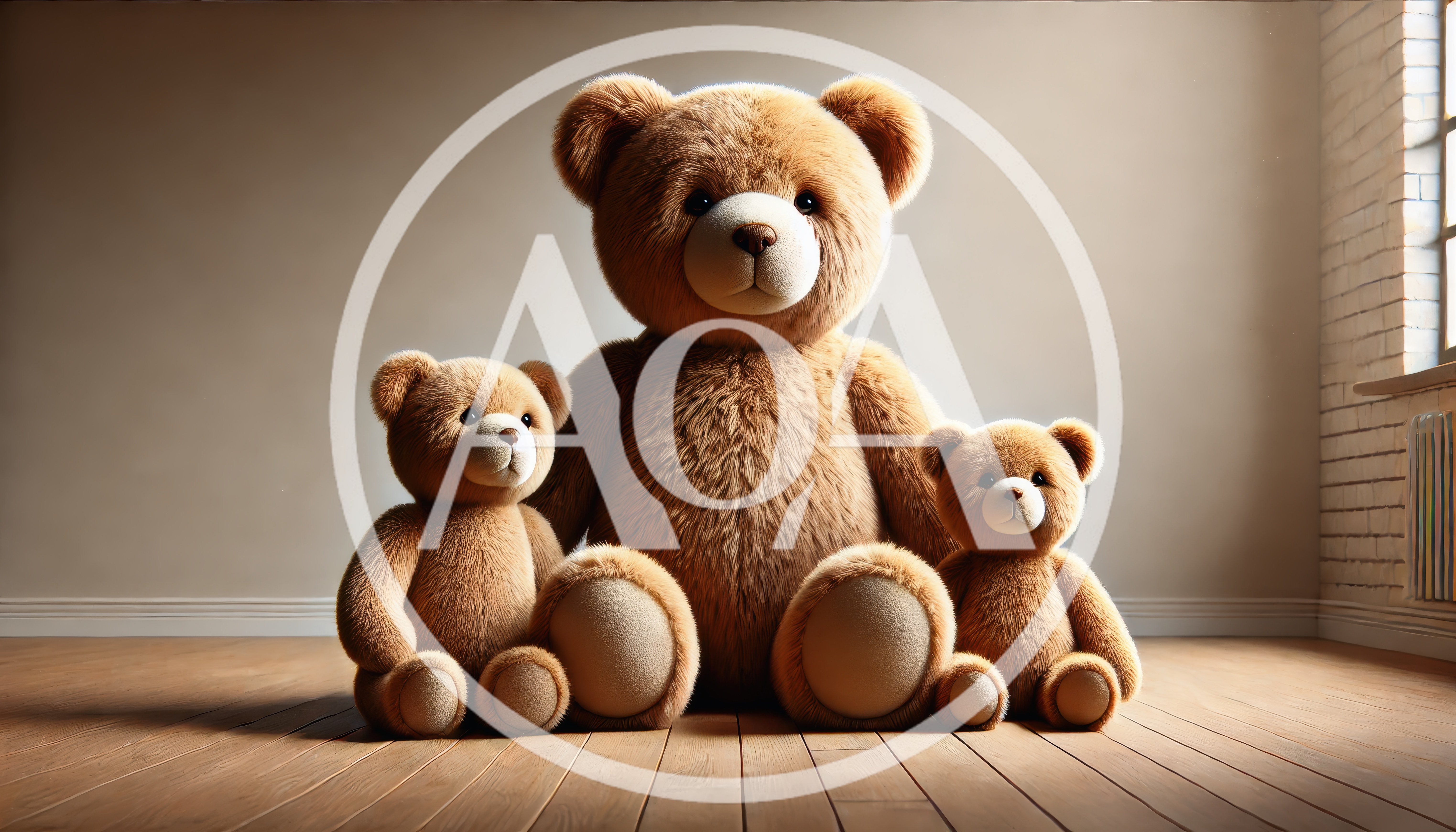 Three Brown Teddy Bears Sitting On Wooden Floor