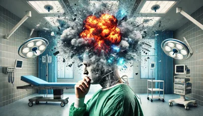 Surgeon With Exploding Head Concept In Operating Room