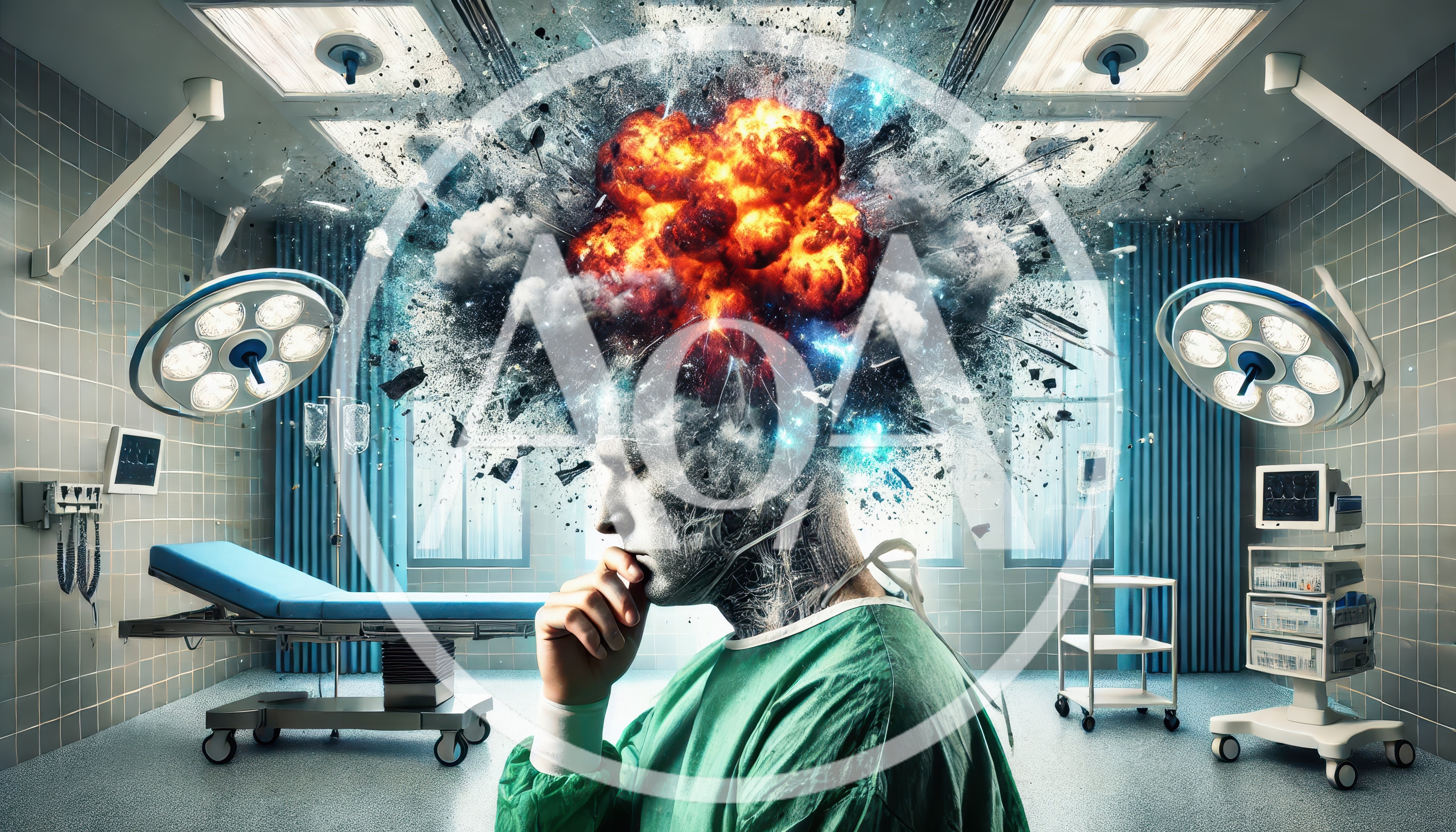 Surgeon With Exploding Head Concept In Operating Room