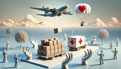 Humanitarian Aid Delivery With Airplane And Medical Truck