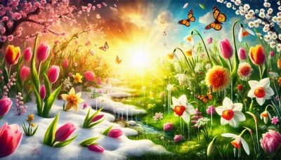 Spring Transition Landscape With Flowers And Melting Snow