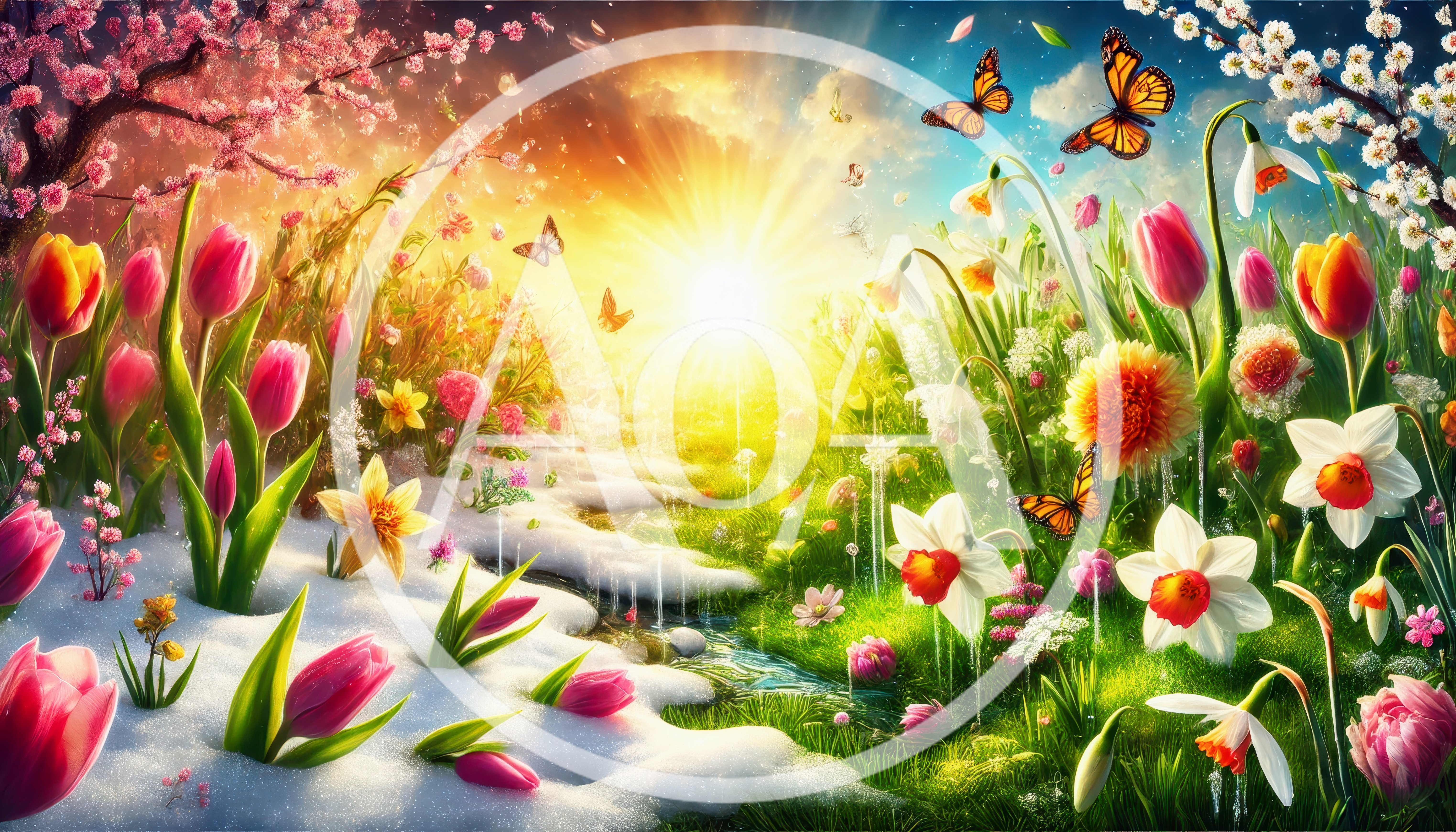 Spring Transition Landscape With Flowers And Melting Snow