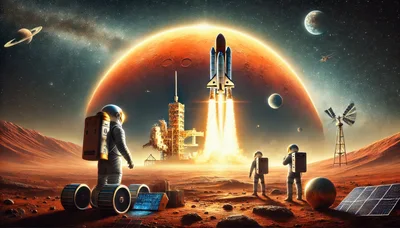 Astronauts Watching Space Shuttle Launch On Mars Surface