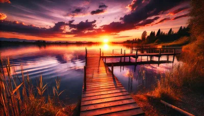 Wooden Pier Extending Into A Calm Lake At Sunset