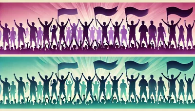 Silhouettes Of Cheering Crowds With Flags