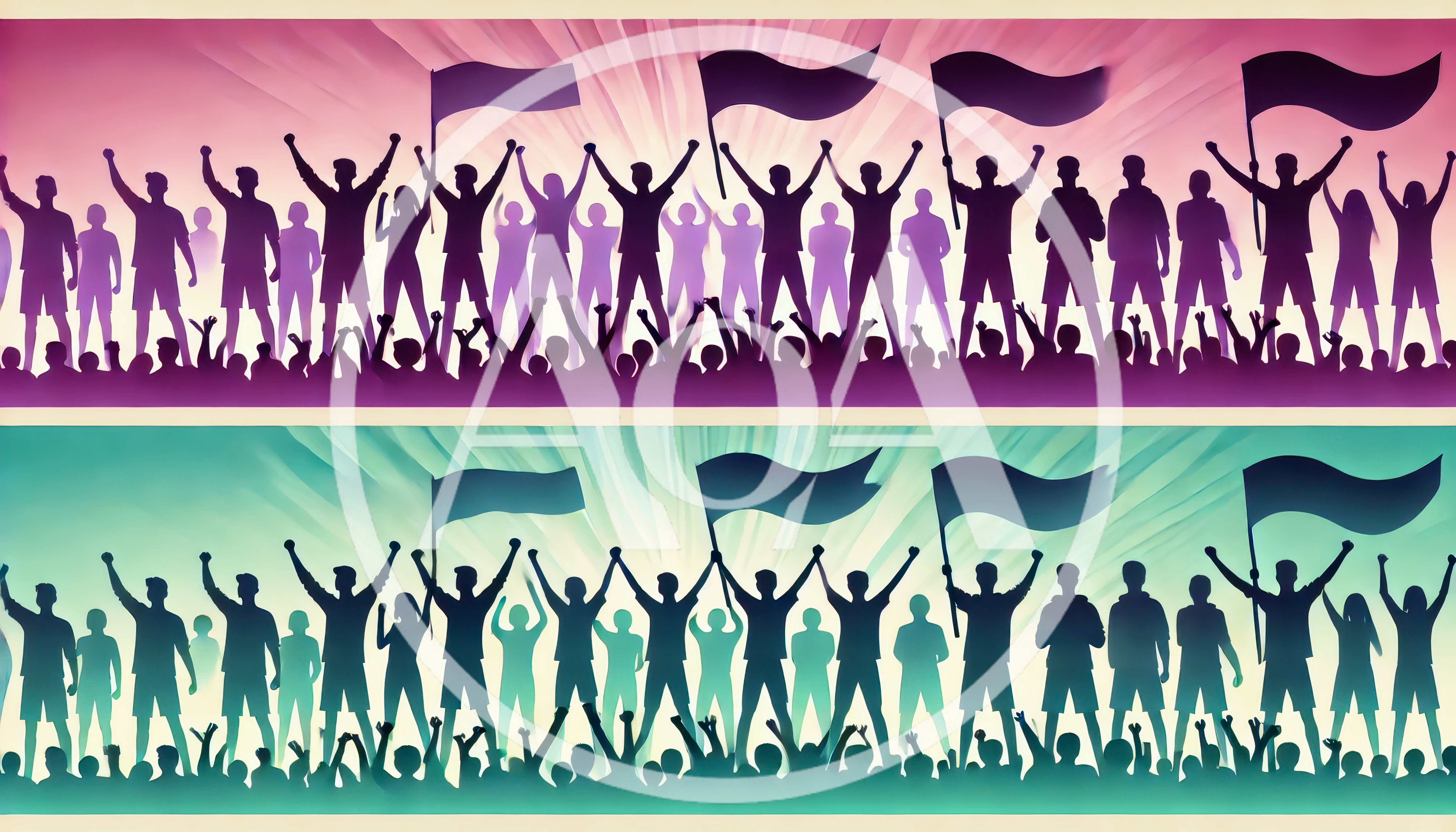 Silhouettes Of Cheering Crowds With Flags