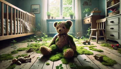 Abandoned Nursery Room With Moss Covered Teddy Bear