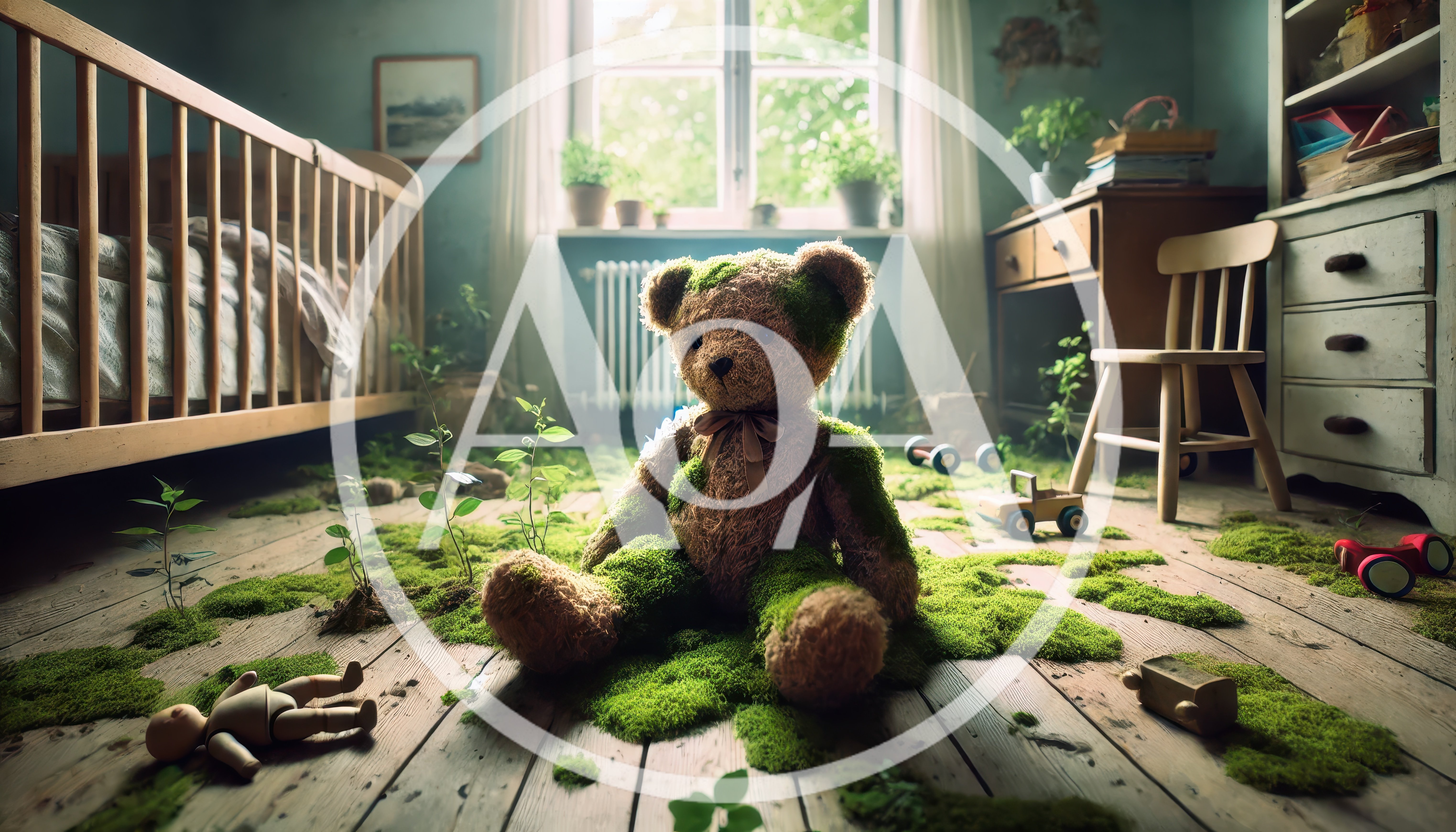 Abandoned Nursery Room With Moss Covered Teddy Bear