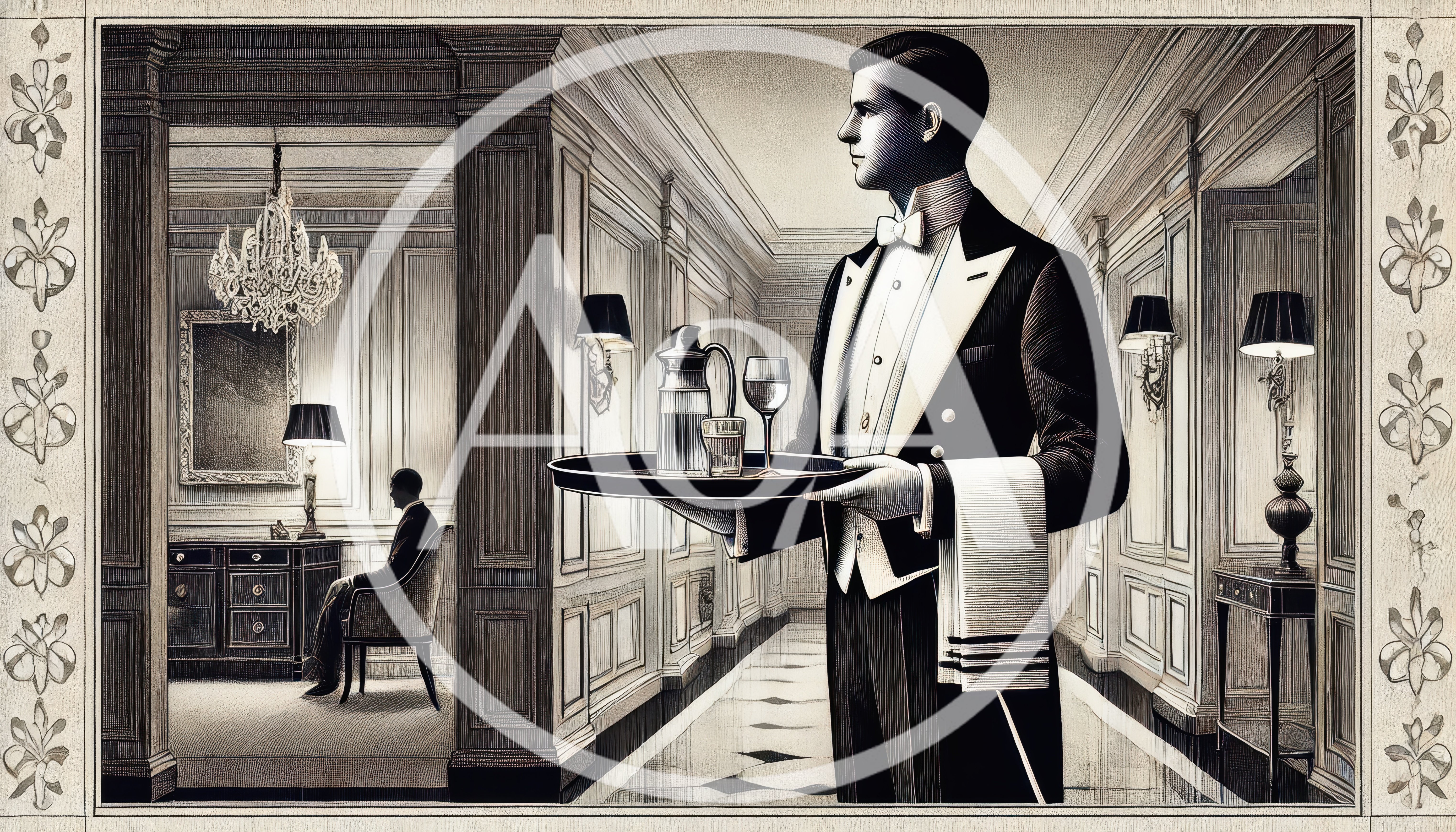 Butler Serving Drinks In A Luxury Hotel Hallway