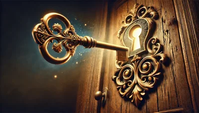 Ornate Golden Key Inserting Into Antique Wooden Door