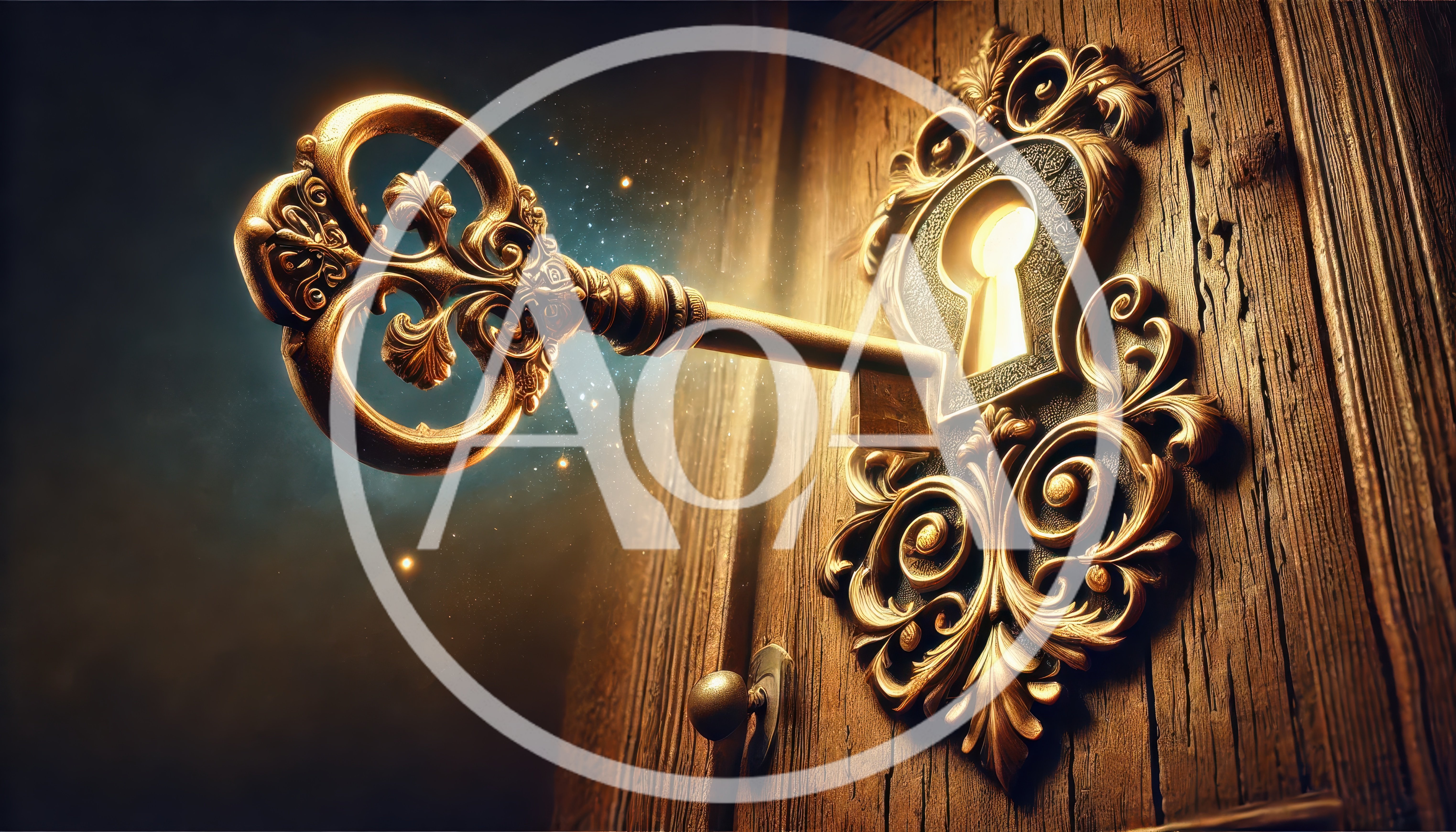 Ornate Golden Key Inserting Into Antique Wooden Door