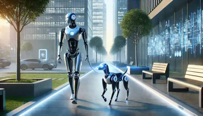 Futuristic Humanoid Robot Walking A Robotic Dog