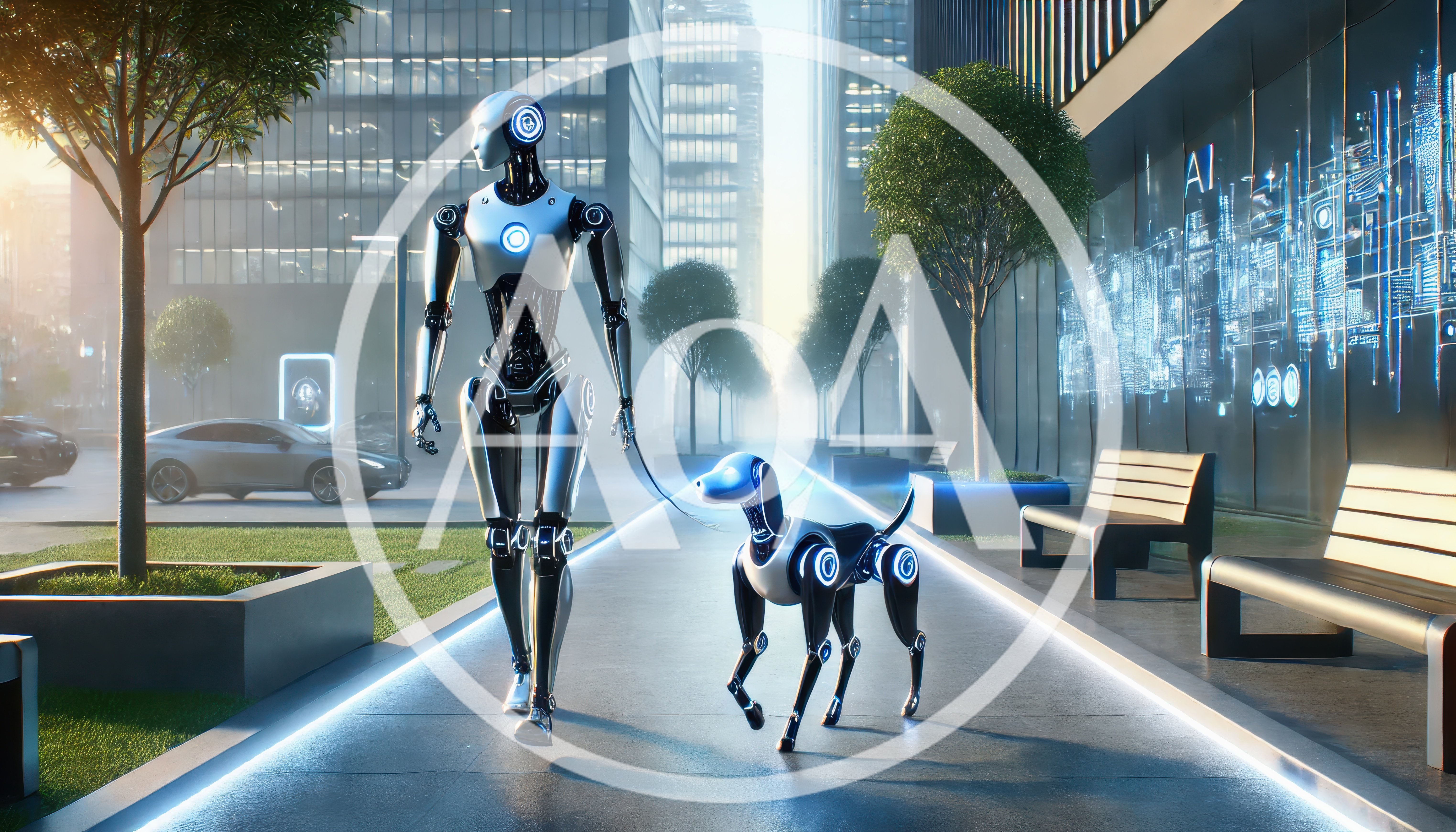 Futuristic Humanoid Robot Walking A Robotic Dog