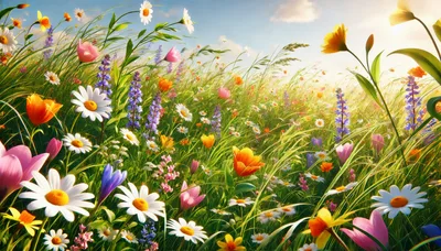 Vibrant Wildflower Meadow Under A Sunny Blue Sky