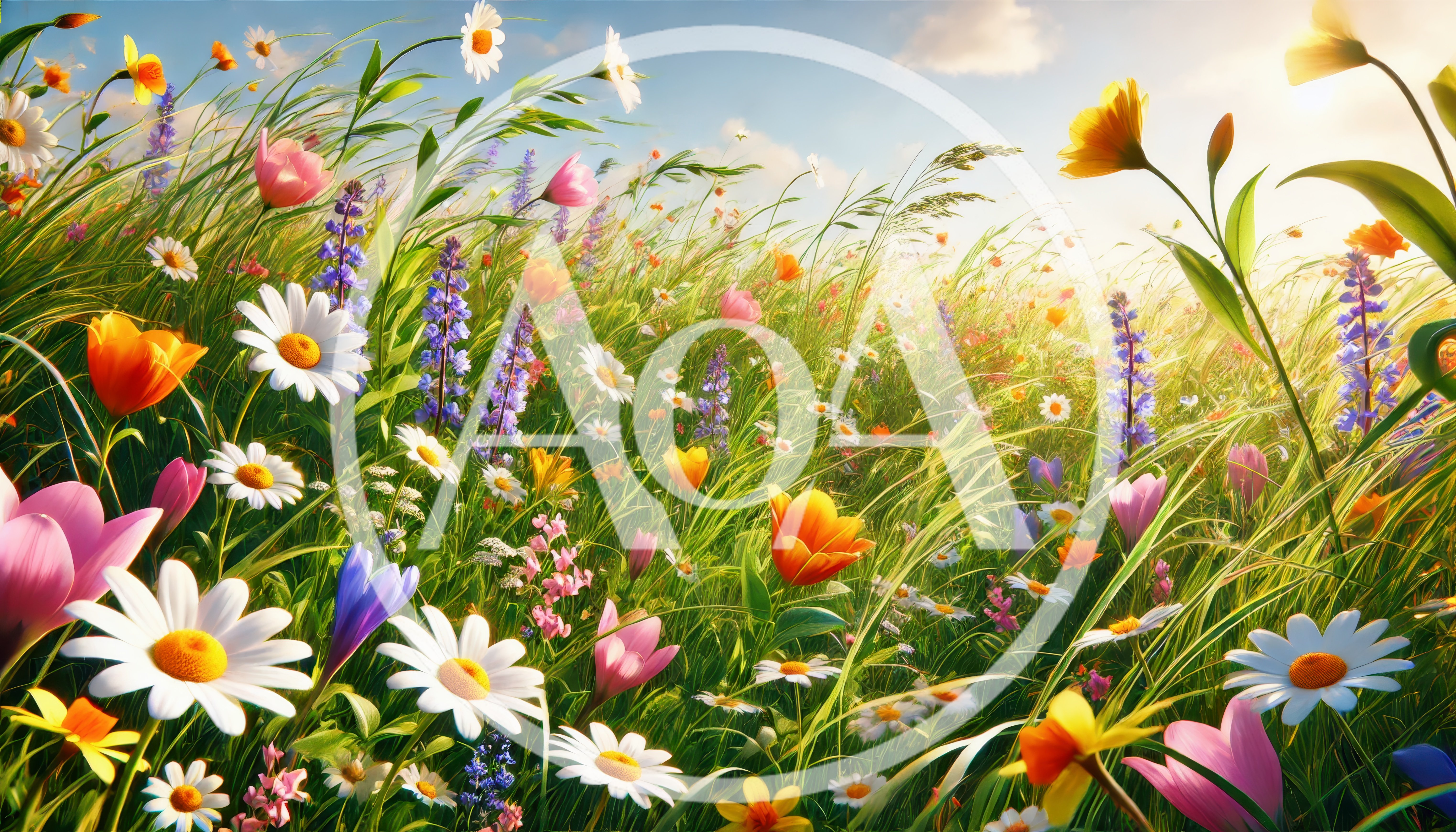 Vibrant Wildflower Meadow Under A Sunny Blue Sky