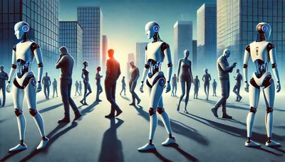 Futuristic Humanoid Robots Walking Among People In City