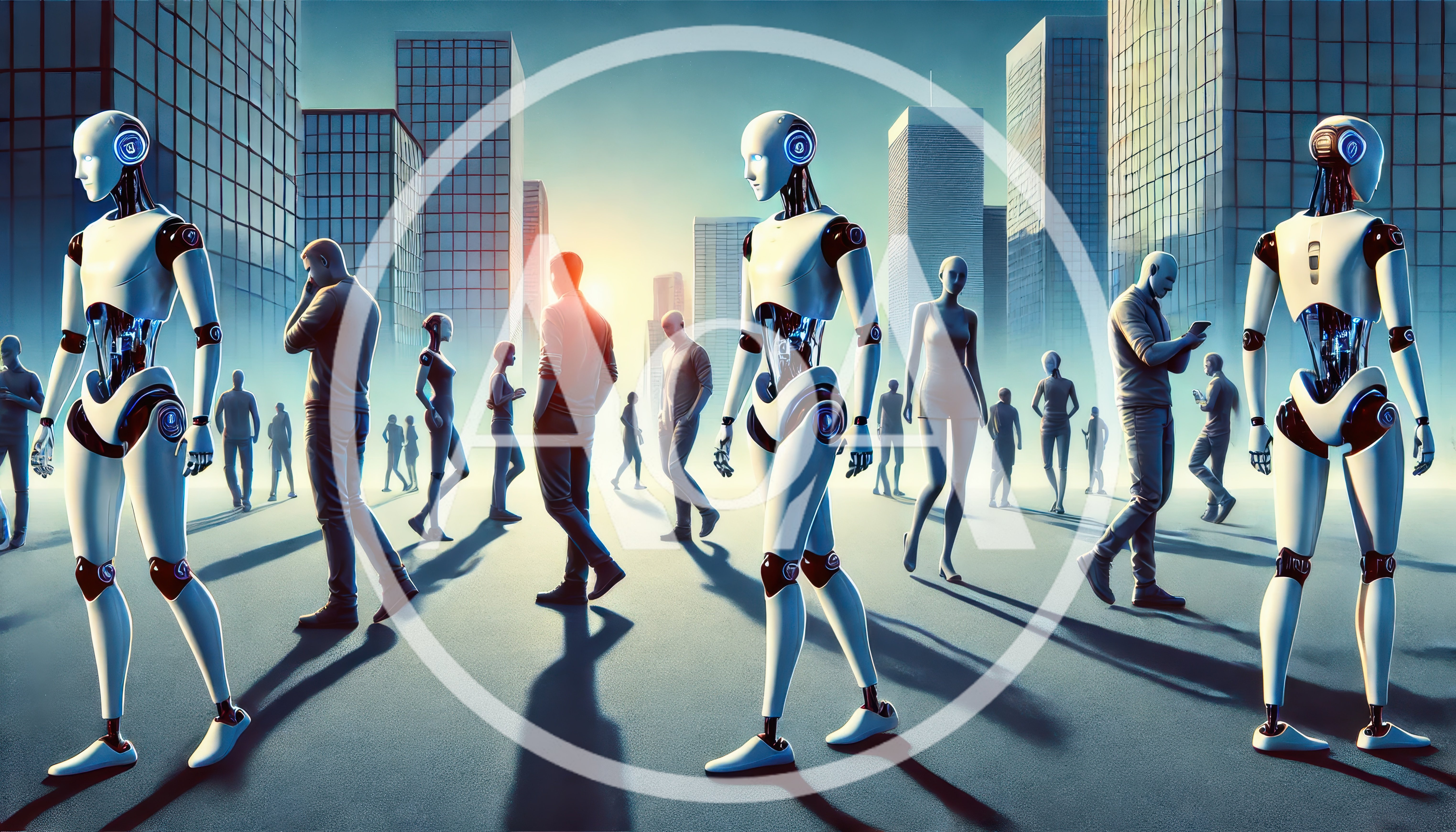 Futuristic Humanoid Robots Walking Among People In City