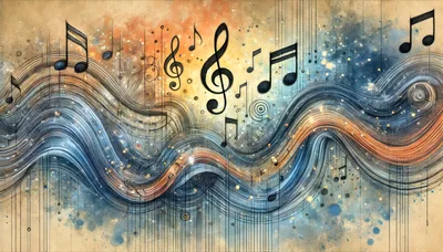 Abstract Musical Notes With Flowing Wave Background