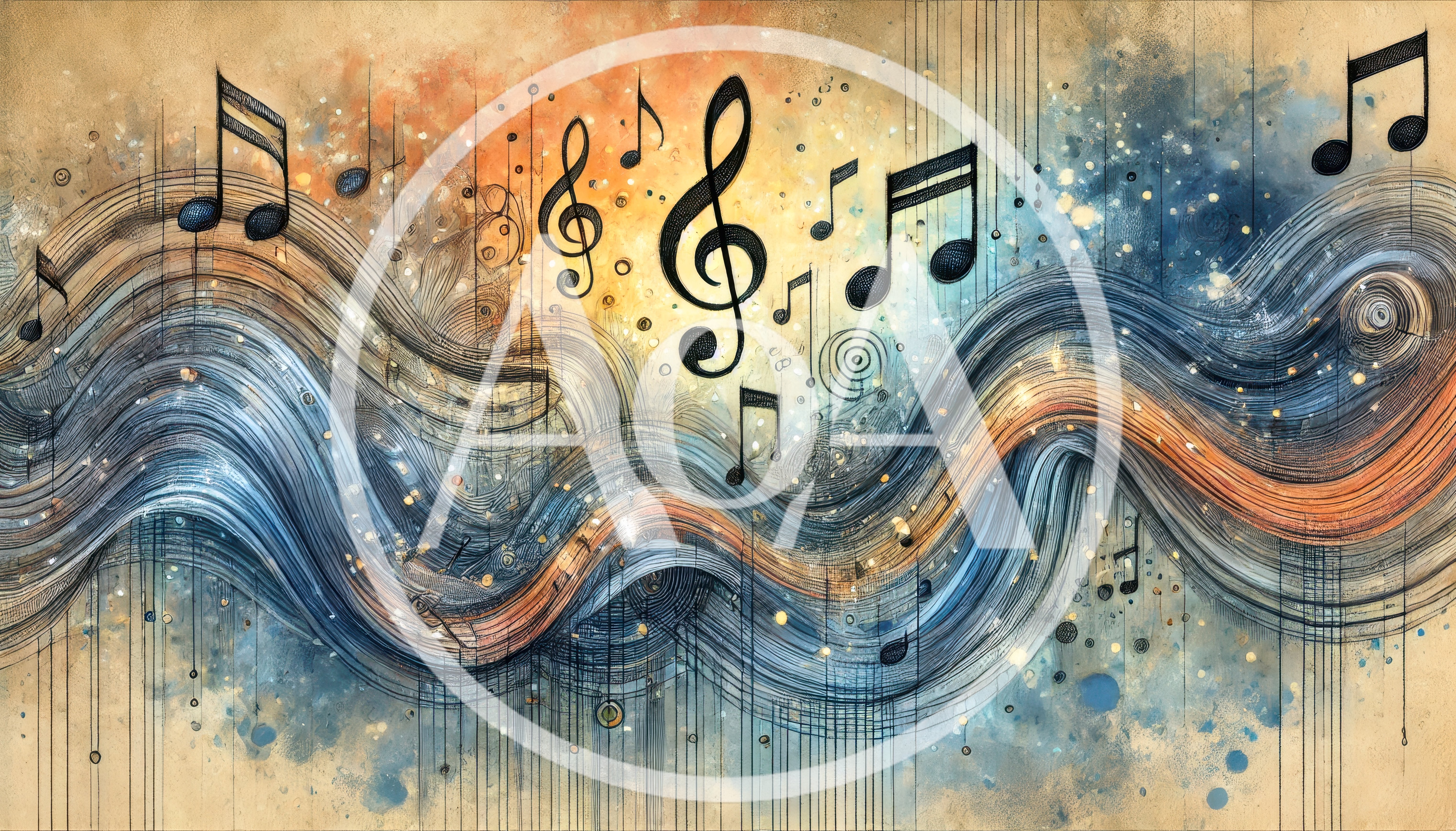 Abstract Musical Notes With Flowing Wave Background