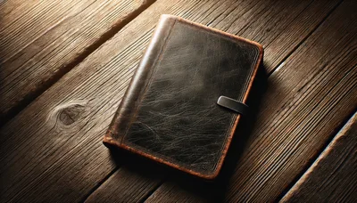 Vintage Leather Journal Resting On Rustic Wooden Table