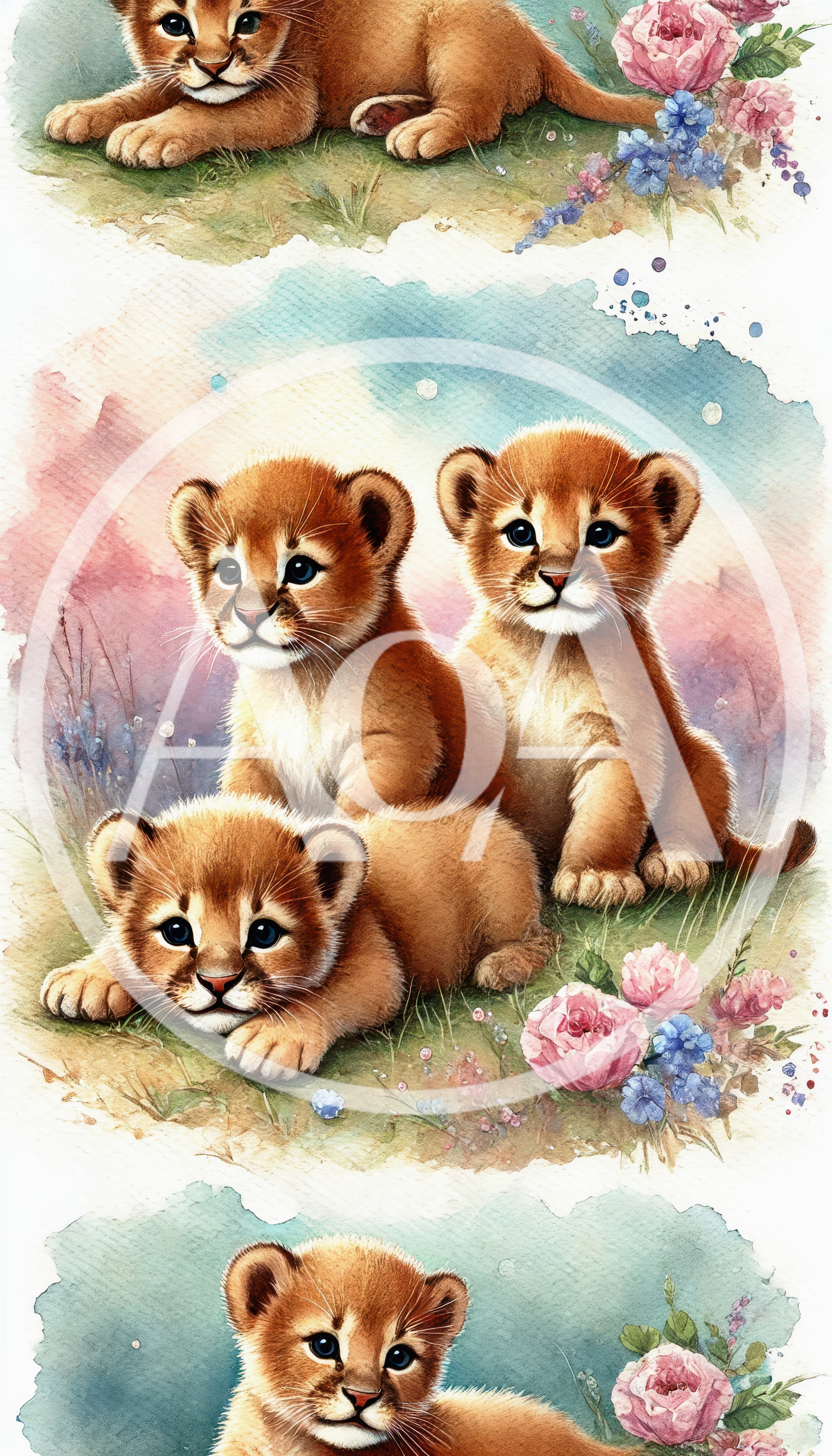 Watercolor Illustration Of Cute Lion Cubs In Flowers