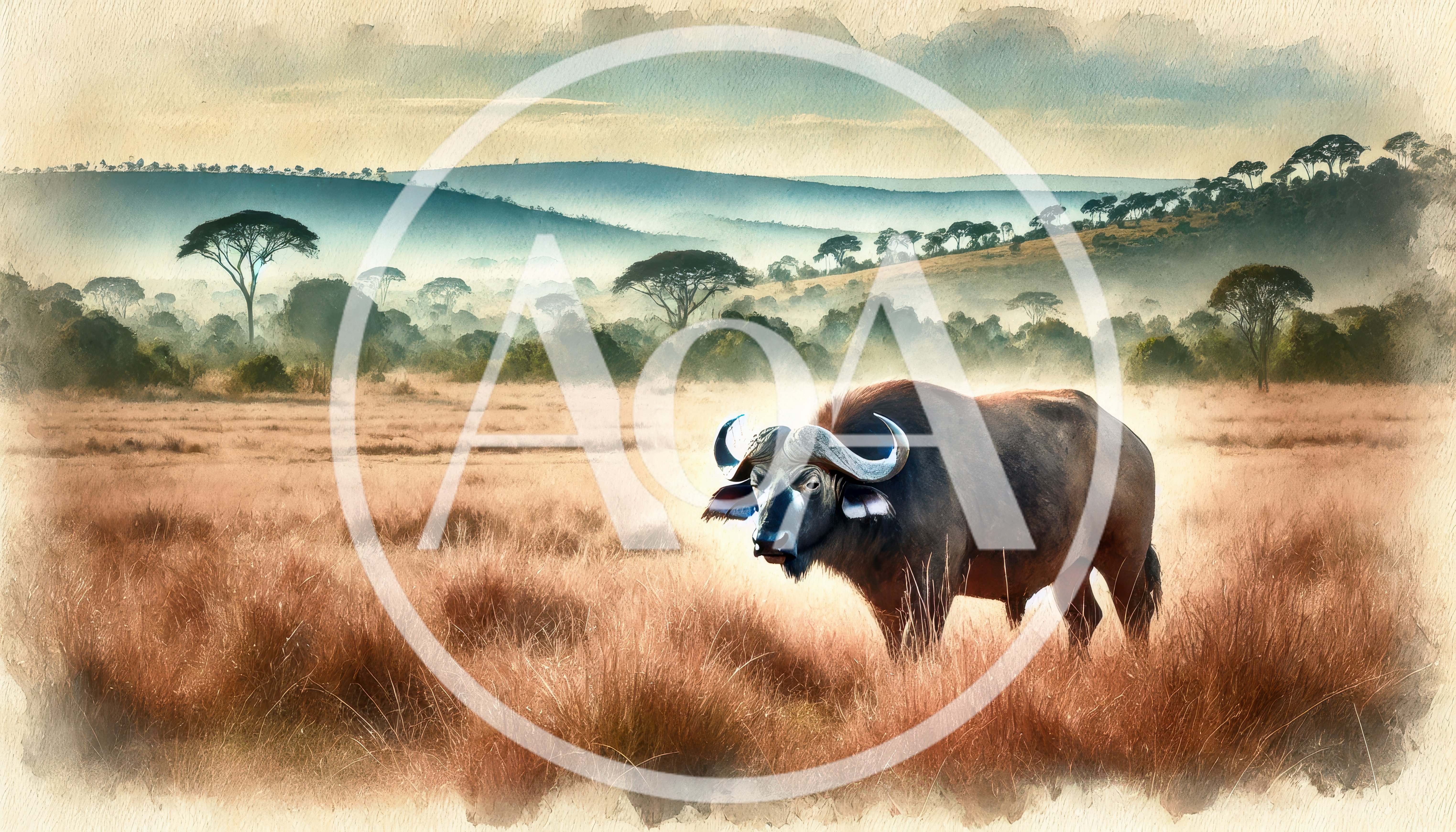 African Cape Buffalo Standing in Golden Savanna Grassland