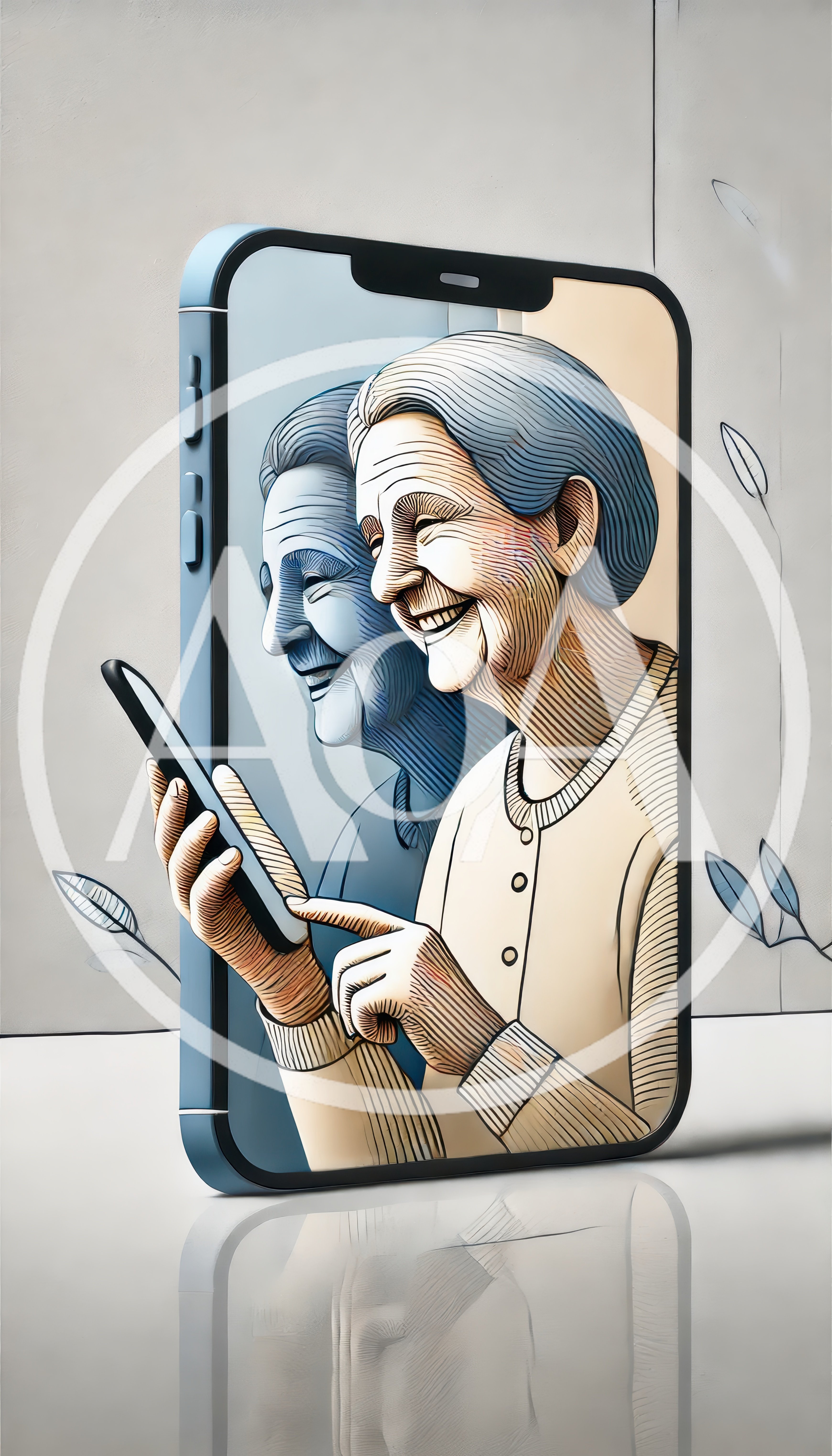 Elderly Woman Using Smartphone Digital Illustration
