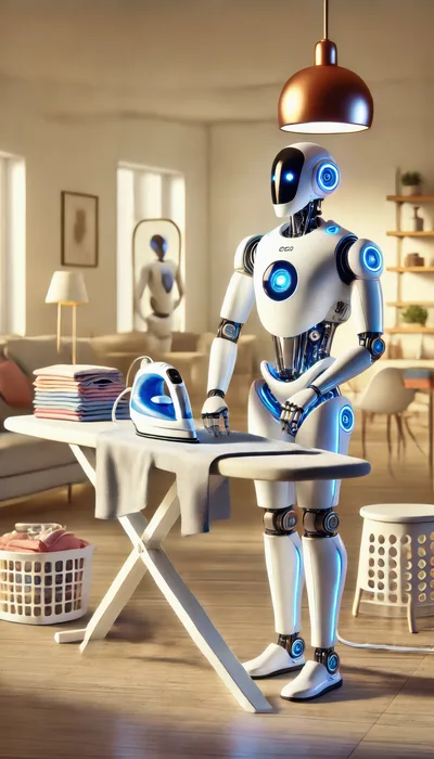 Futuristic Robot Ironing Clothes on an Ironing Board