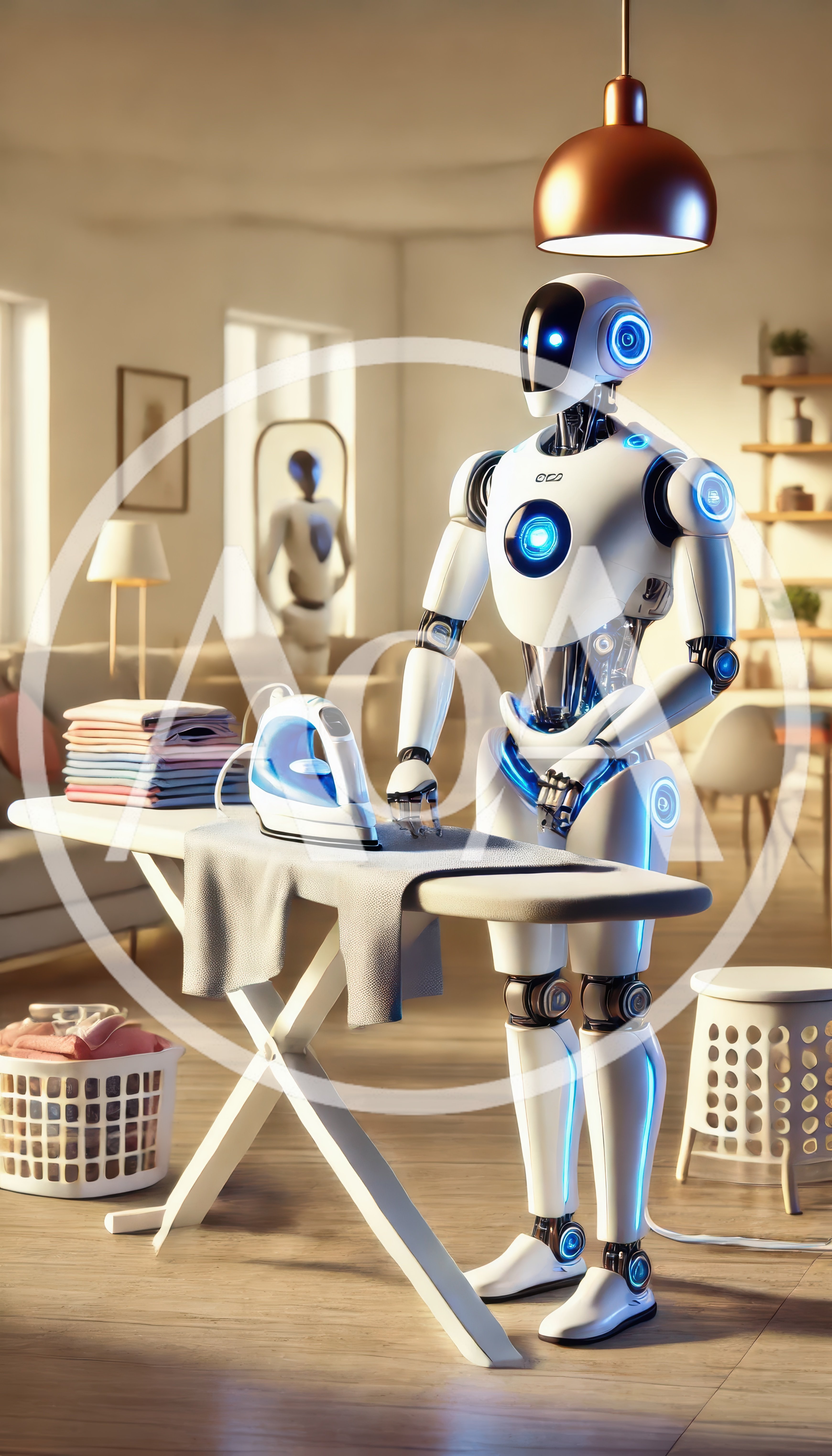 Futuristic Robot Ironing Clothes on an Ironing Board