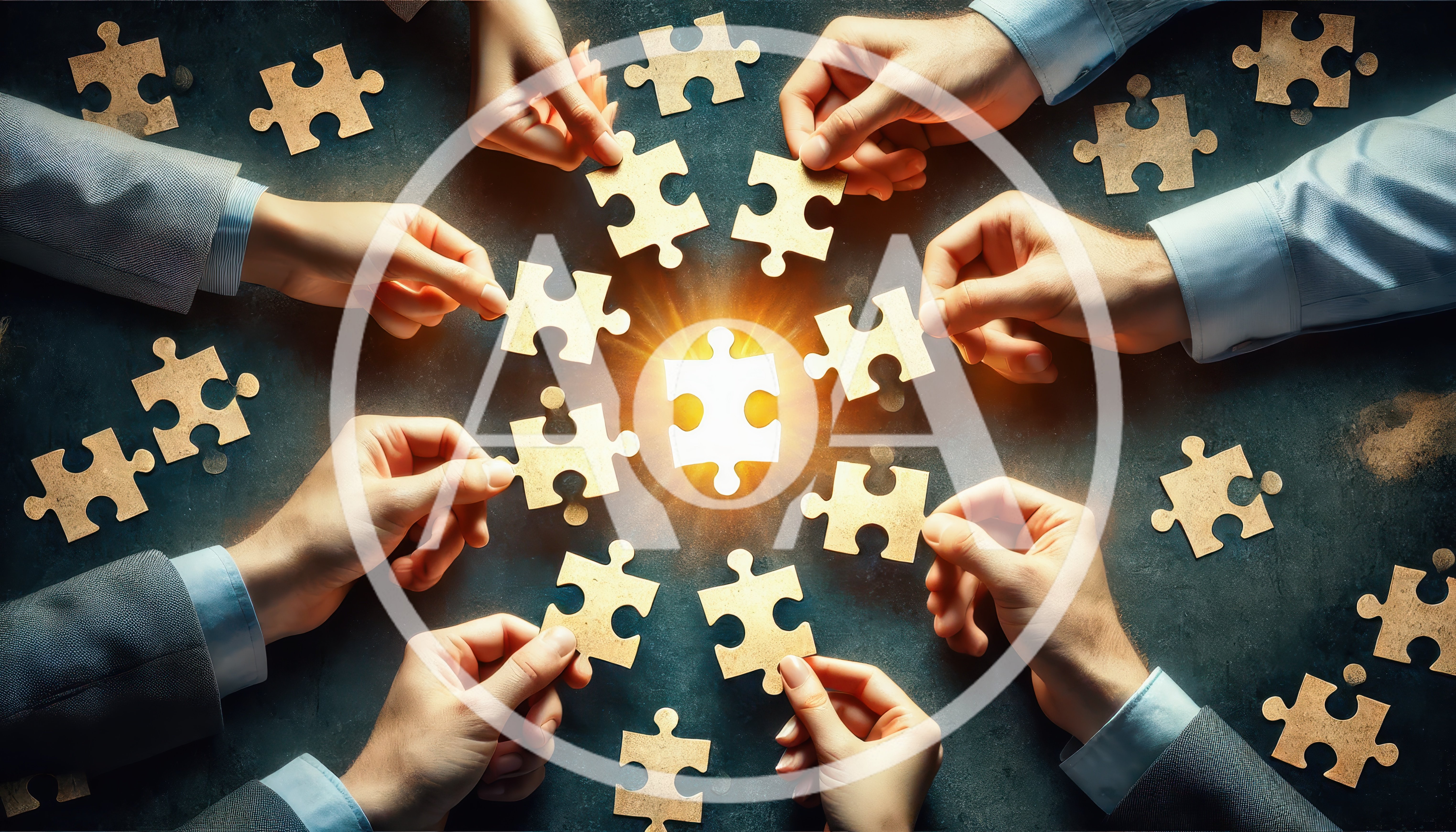 Business Team Assembling Glowing Puzzle Pieces