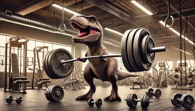 Tyrannosaurus Rex Lifting Heavy Barbell In Gym