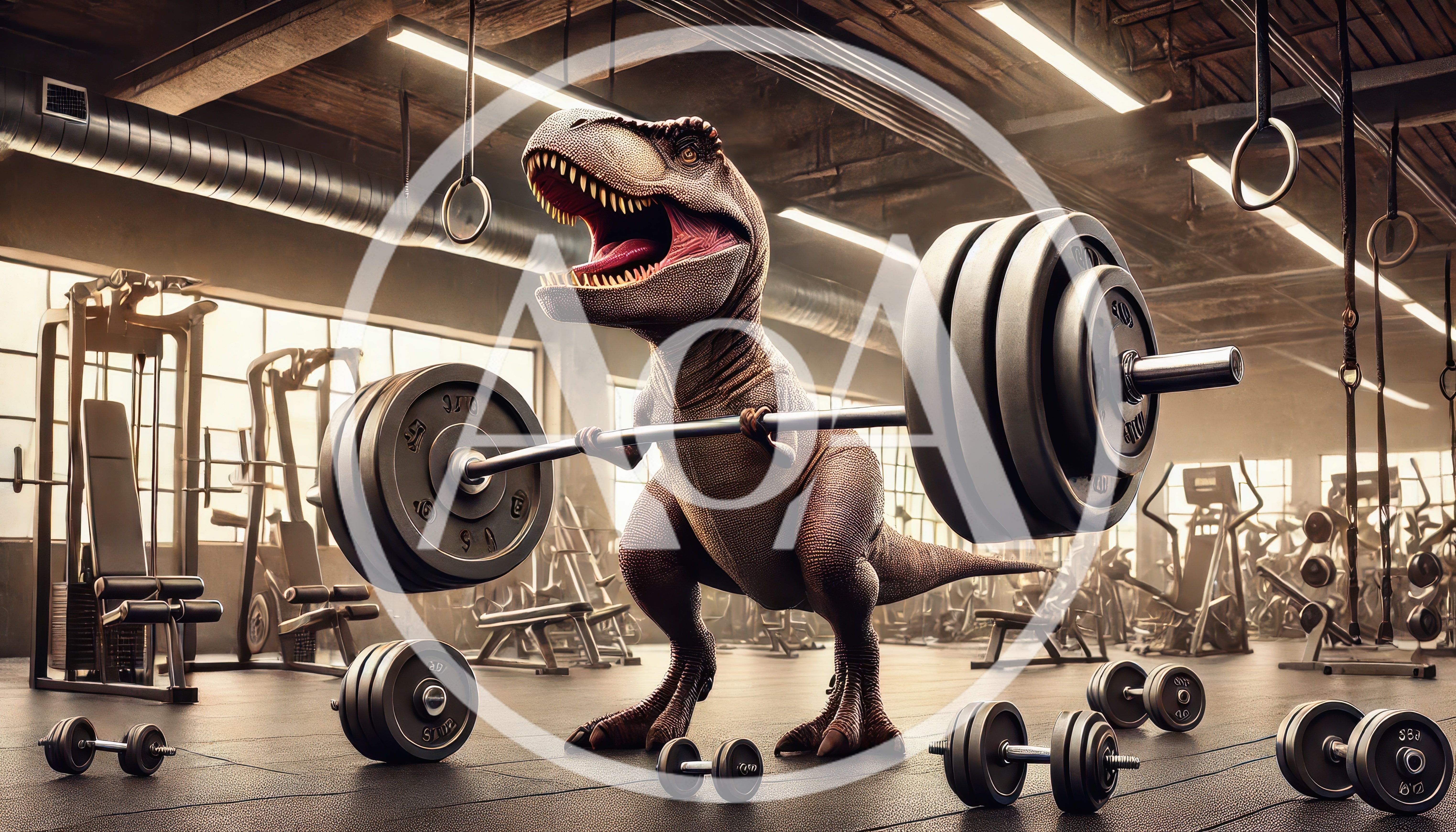 Tyrannosaurus Rex Lifting Heavy Barbell In Gym