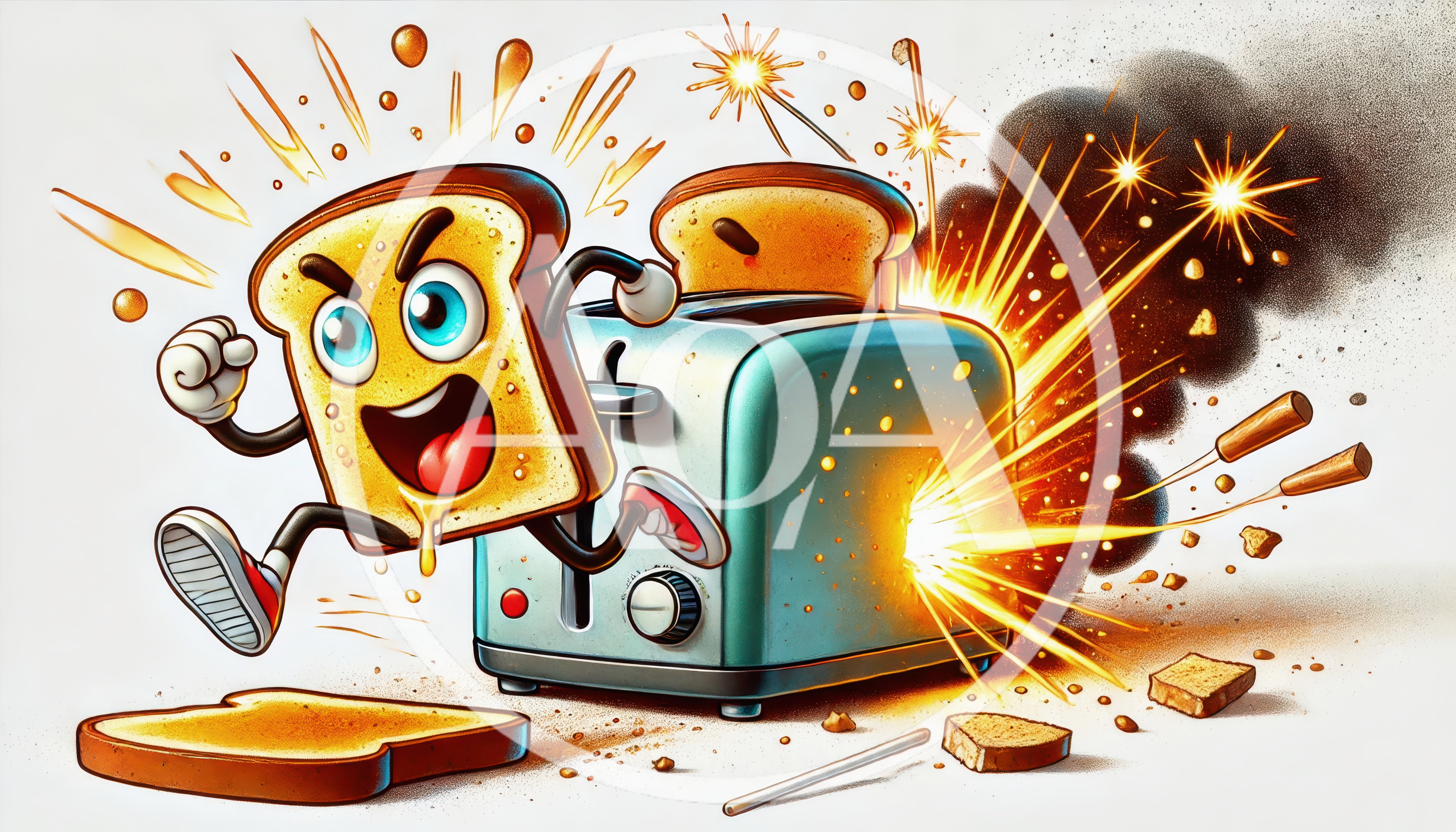 Cartoon Toast Character Escaping Exploding Toaster