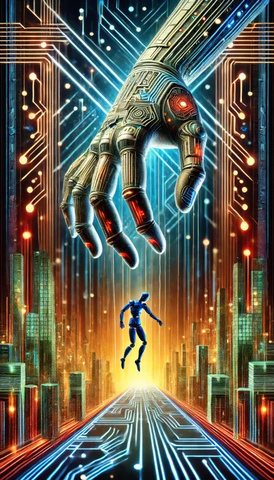 Giant Robotic Hand Controlling A Small Humanoid Figure