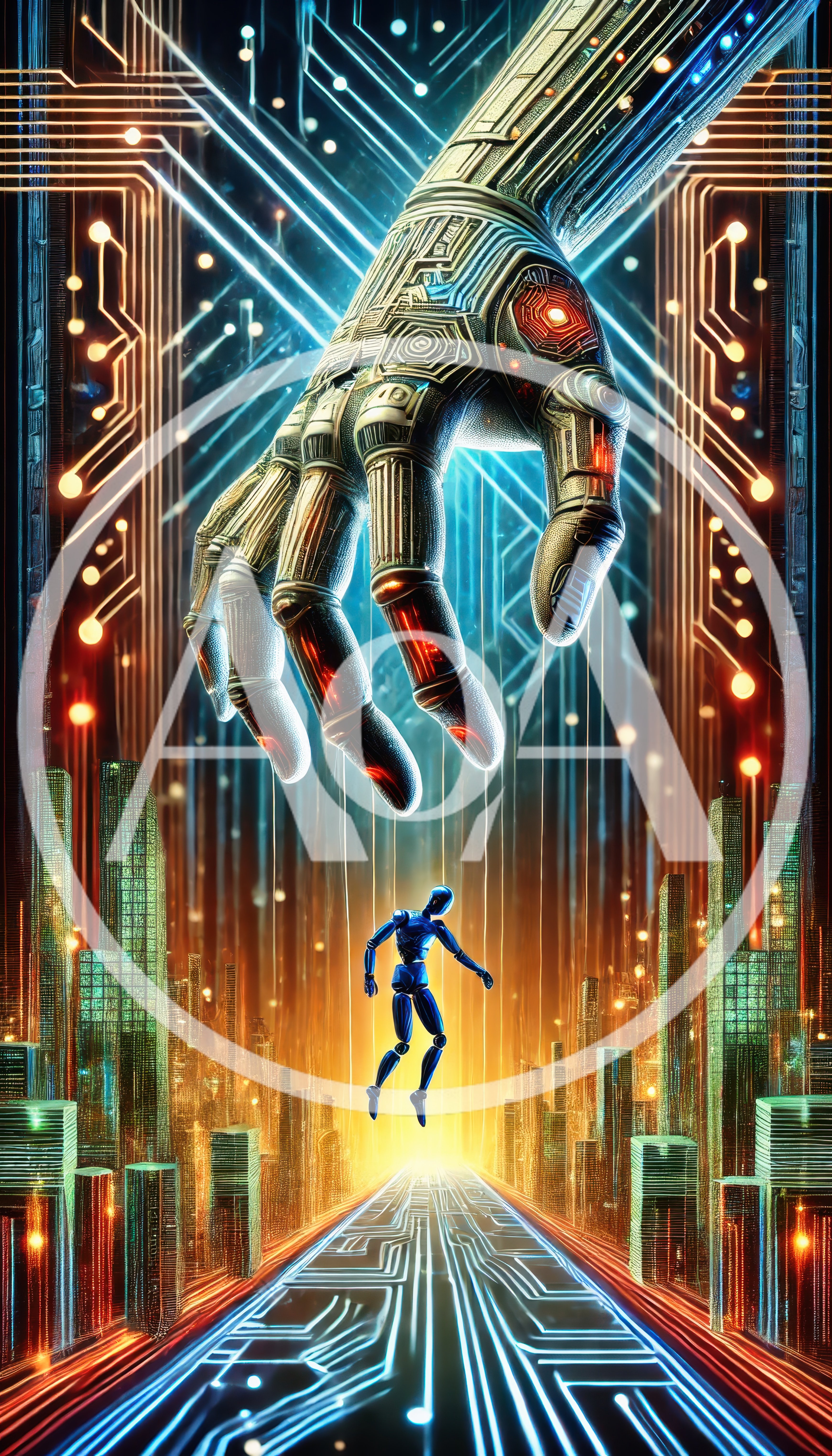 Giant Robotic Hand Controlling A Small Humanoid Figure