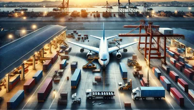 Aerial View Of Cargo Airplane At Busy Logistics Hub