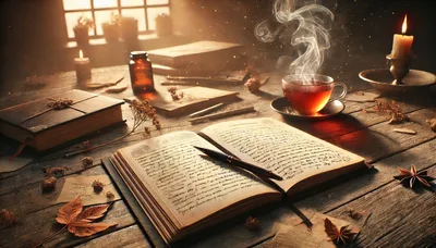 Open Journal With Fountain Pen And Steaming Tea