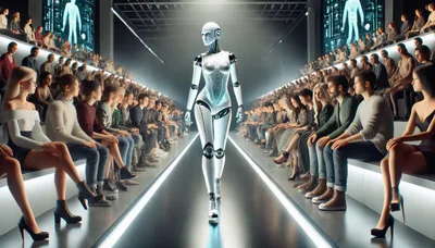 Futuristic Robot Model Walking On Fashion Runway